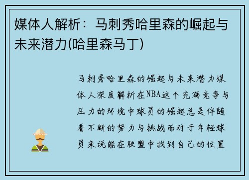 媒体人解析：马刺秀哈里森的崛起与未来潜力(哈里森马丁)