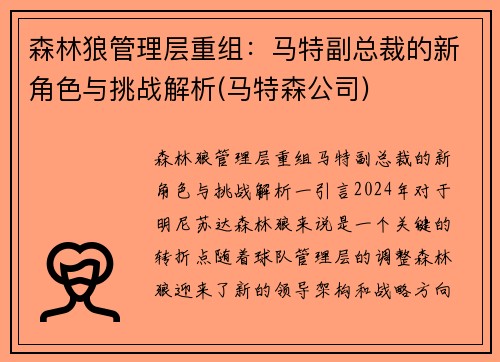 森林狼管理层重组：马特副总裁的新角色与挑战解析(马特森公司)