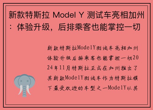新款特斯拉 Model Y 测试车亮相加州：体验升级，后排乘客也能掌控一切
