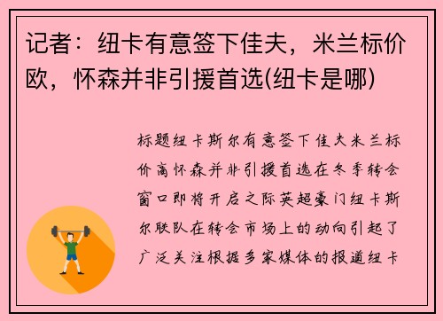 记者：纽卡有意签下佳夫，米兰标价欧，怀森并非引援首选(纽卡是哪)