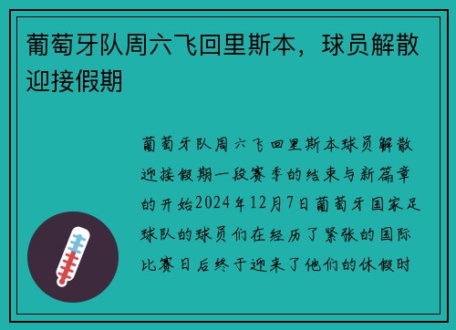 葡萄牙队周六飞回里斯本，球员解散迎接假期
