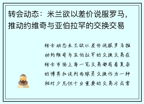 转会动态：米兰欲以差价说服罗马，推动约维奇与亚伯拉罕的交换交易