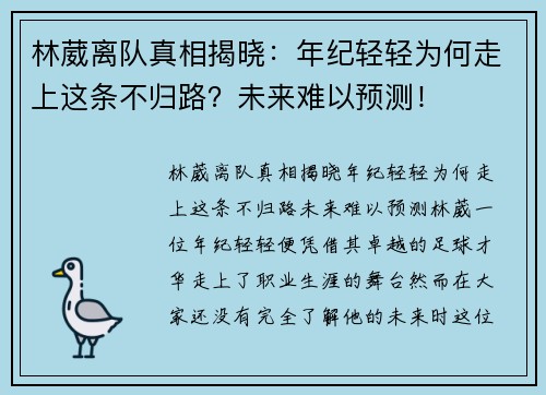 林葳离队真相揭晓：年纪轻轻为何走上这条不归路？未来难以预测！