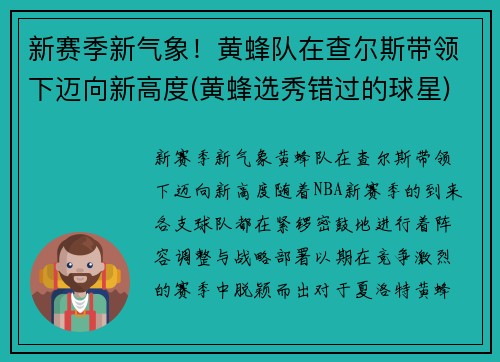 新赛季新气象！黄蜂队在查尔斯带领下迈向新高度(黄蜂选秀错过的球星)